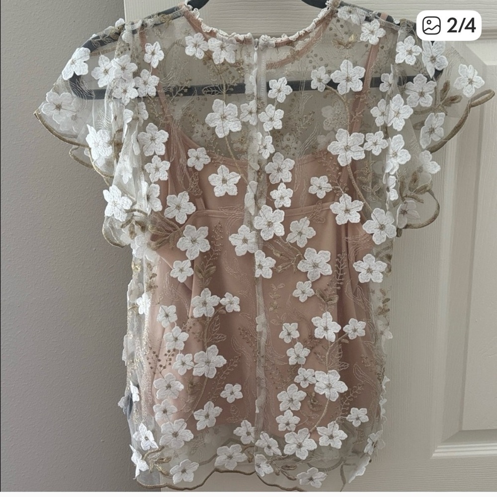 Floral Lace Alter’d State SzM Overlay Top - Tan, metallic Gold and White